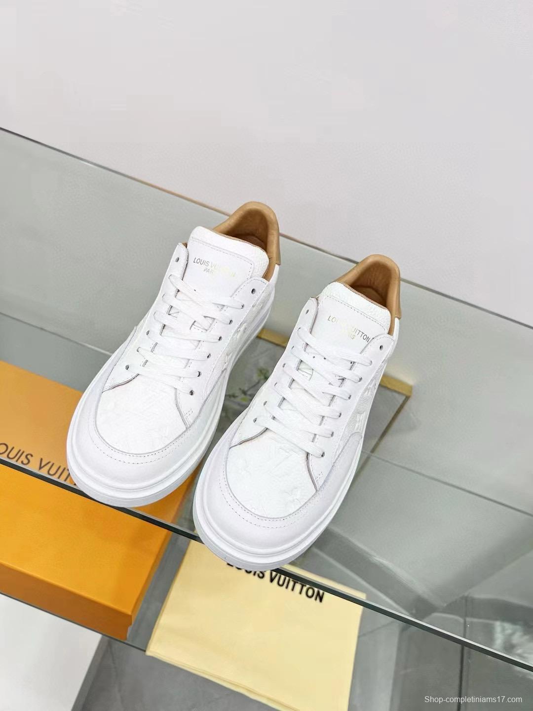 2024 Unisex Louis Vuitton White Beige Leather Sneakers Maxi Damier MJ00330