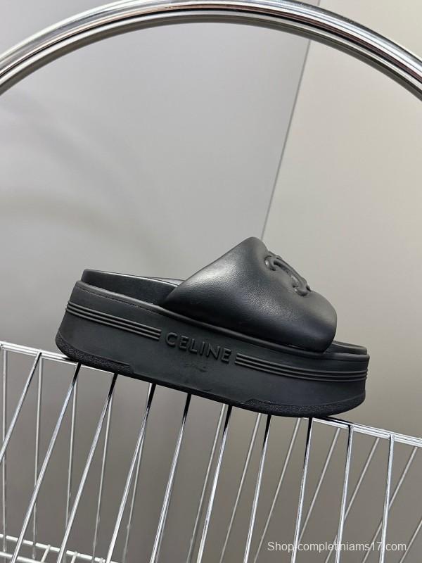 2025 Women Celine Black Leather Slippers