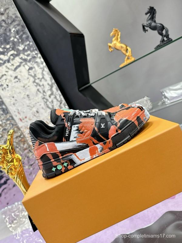 2024 Unisex Louis Vuitton Orange Black White Leather Denim Plimsolls Artist Hand-drawn MJ00780