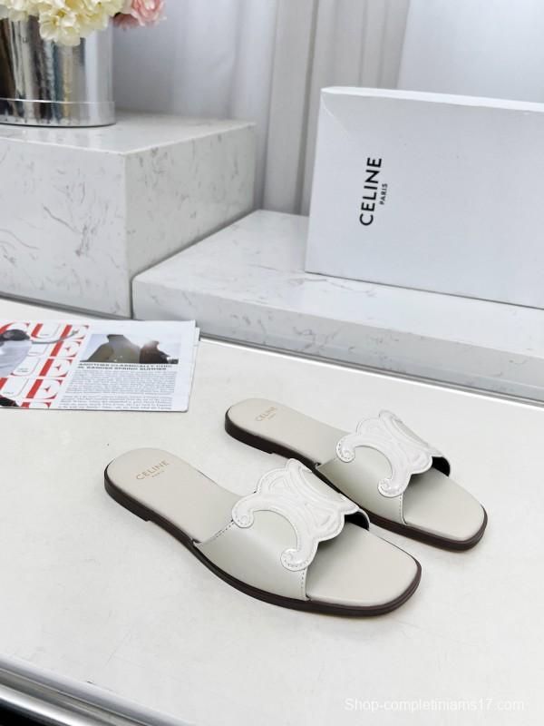 2025 Women Celine White Leather Slippers