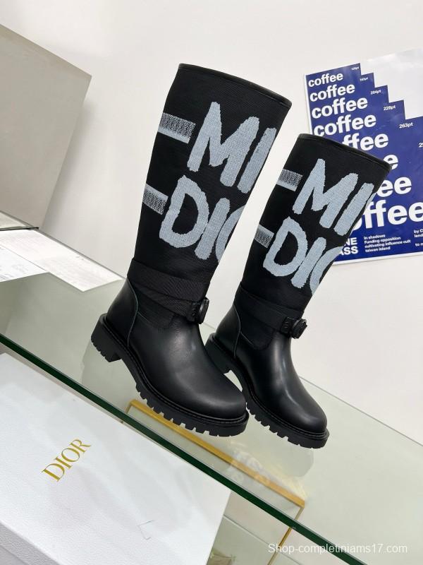 2024 Women Dior black leather knit fabric boots MJ00350