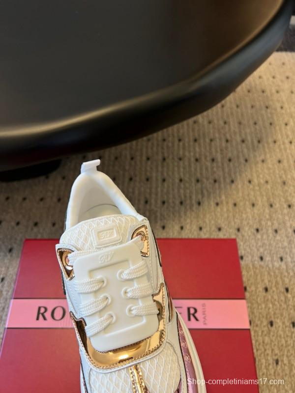 2025 Women Roger Vivier White Pink Leather Mesh Sneakers KFY00380