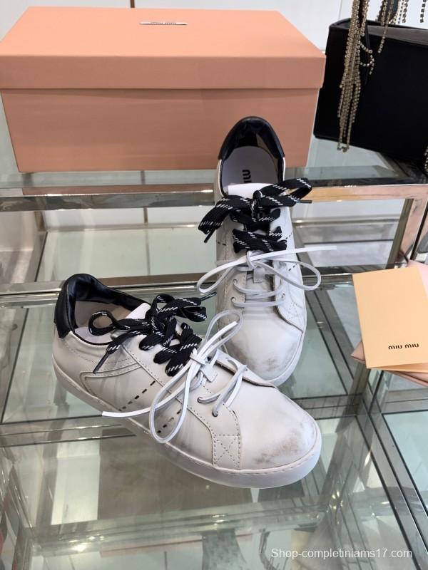 2025 Women Miu Miu White Black Leather Sneakers LY00290