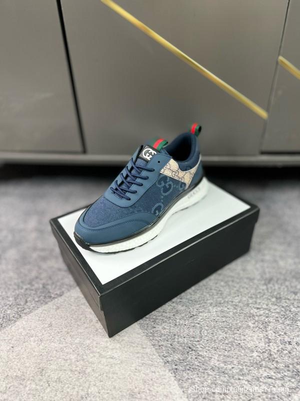 2024 Men Gucci Blue Beige Mesh Leather Sneakers MJ00260
