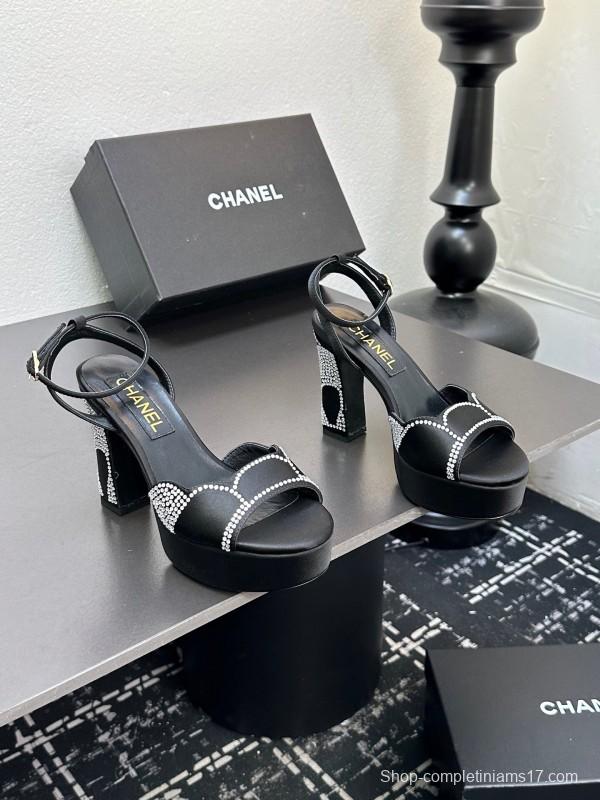 2025 Women Chanel Black Fabric Leather Rhinestone Platform Sandals KFY00320