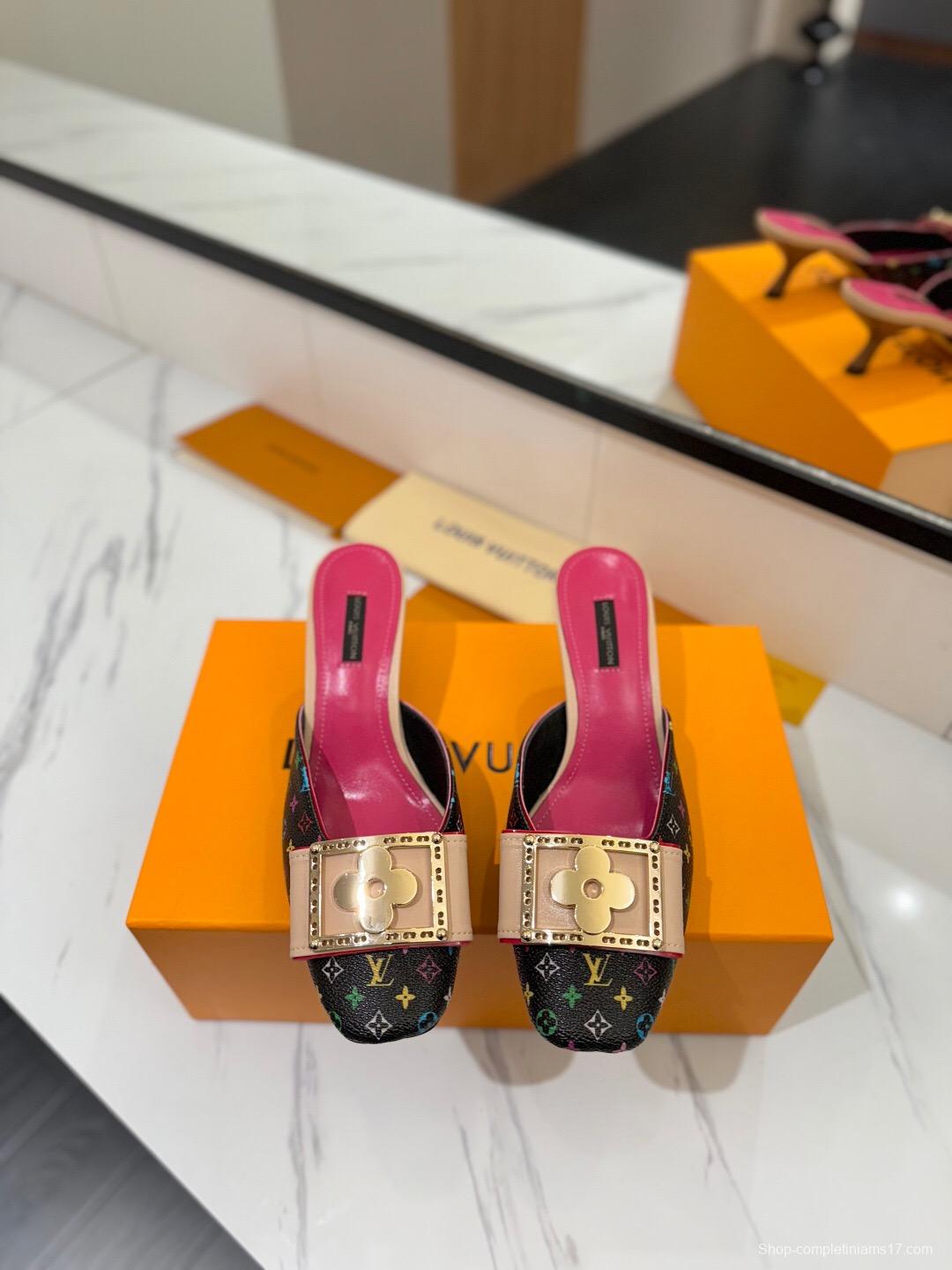 2025 Women Louis Vuitton Black Multicolor Leather Mules KFY00320