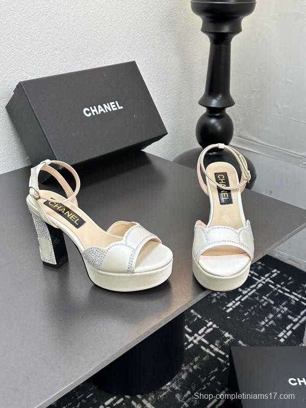 2025 Women Chanel White Leather Platform Sandals Beaded LY00320