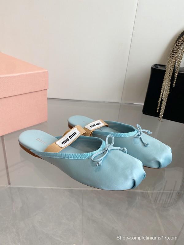 2025 Women Miu Miu Light Blue Satin Slip-On Ballet Flats KFY00280