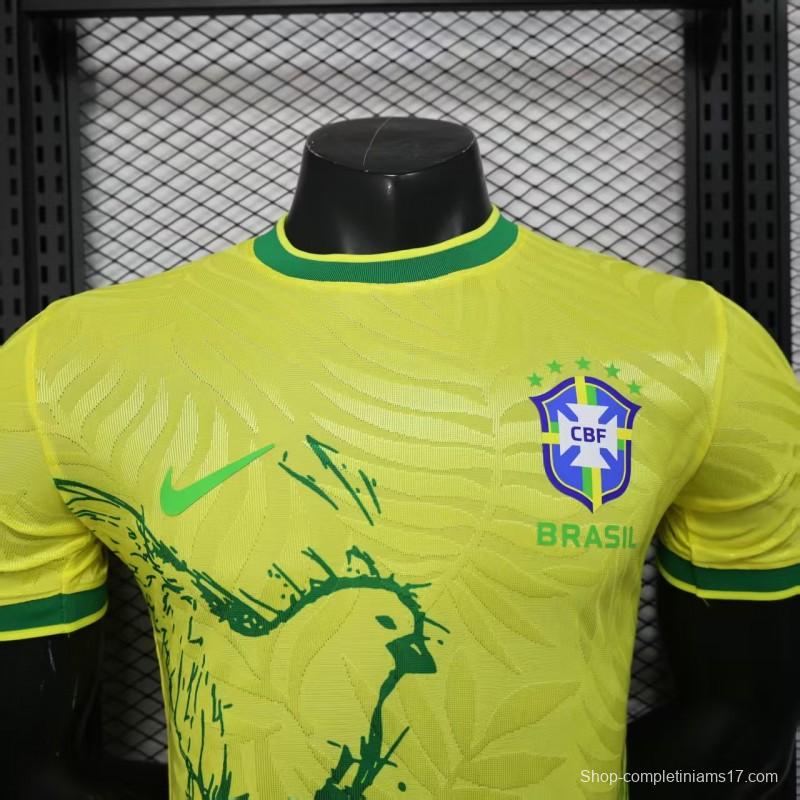 Player Version 2025 Brazil Yellow with Green Animal Pattern Jersey