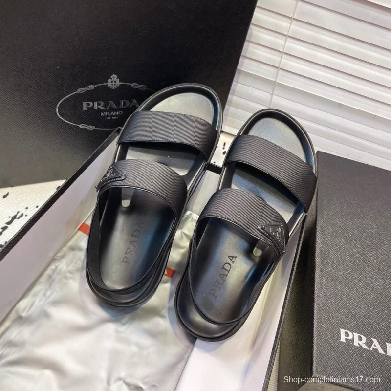 2025 Men Prada Black Fabric Sandals Original Sole KFY00230
