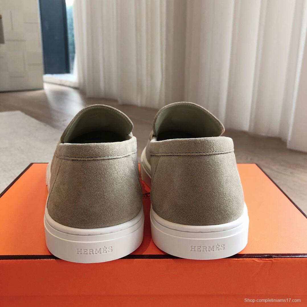 2025 Unisex Hermès Khaki Suede Leather Loafers AS00380