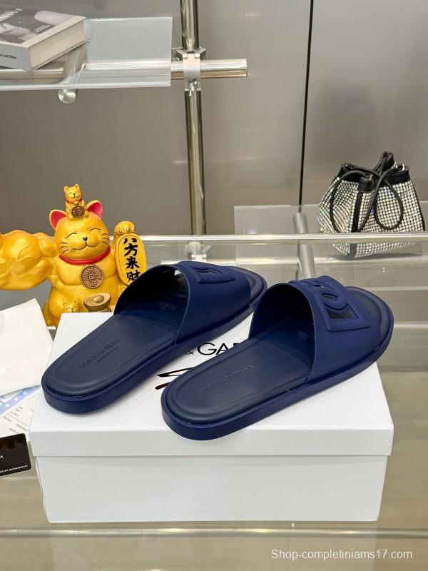 2025 Men Dolce & Gabbana Blue Leather Slippers KFY00150