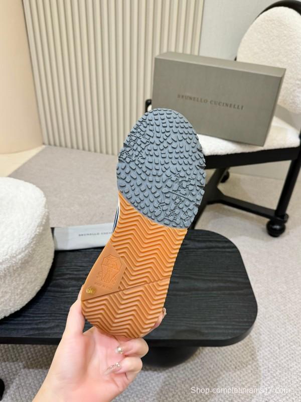 2025 Men Brunello Cucinelli Navy White Brown Calfskin Leather Sneakers AS00320