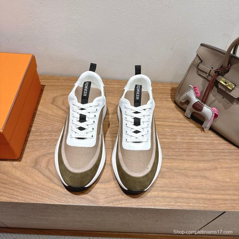 2025 Unisex HERMES White Beige Khaki Fabric Leather Sneakers AS00400