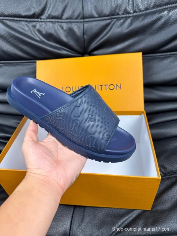 2025 Men Louis Vuitton Blue Leather Slippers AS00170