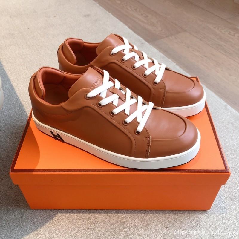 2025 Men Hermès Brown White Leather Sneakers AS00380