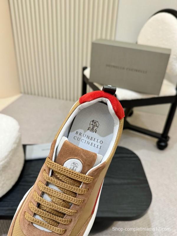 2025 Unisex Brunello Cucinelli Beige Brown Red Calfskin Mesh Sneakers AS00320