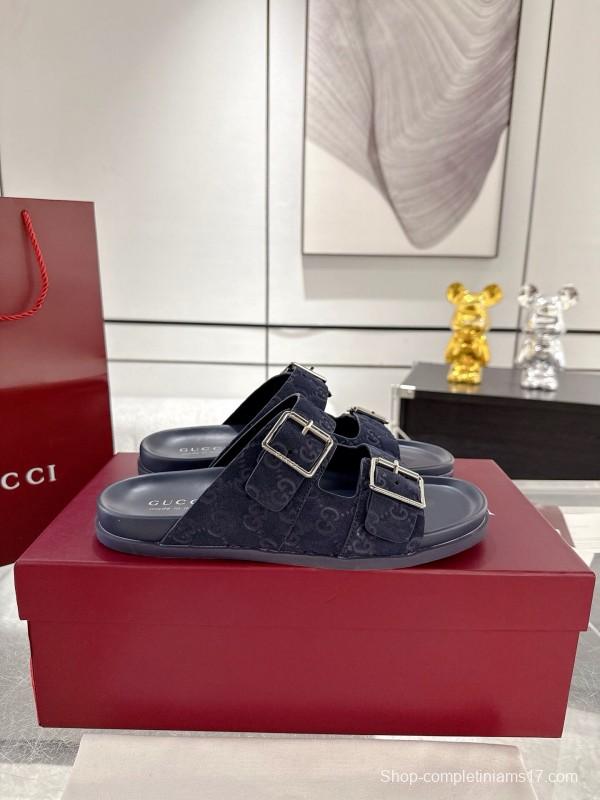 2025 Unisex Gucci Black Leather Fabric Slippers Double G Embossed AS00240