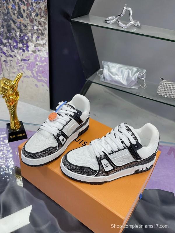 2025 Unisex Louis Vuitton White Black Leather Fabric Plimsolls Handcrafted Rhinestones AS00400