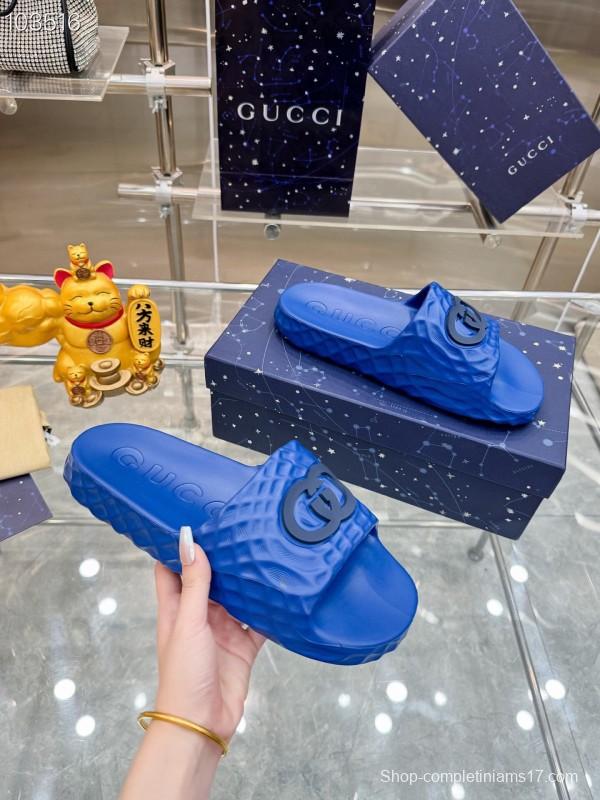 2025 Men Gucci Blue Rubber Slippers Interlocking G KFY00170