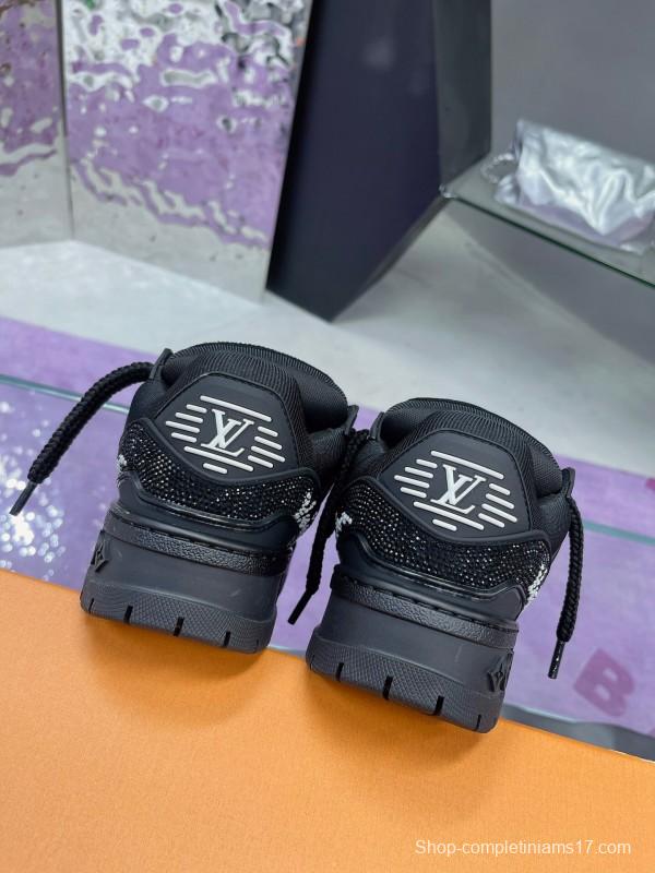 2025 Women Louis Vuitton Black Crystal Trainer Leather Plimsolls Bing Bing AS00420