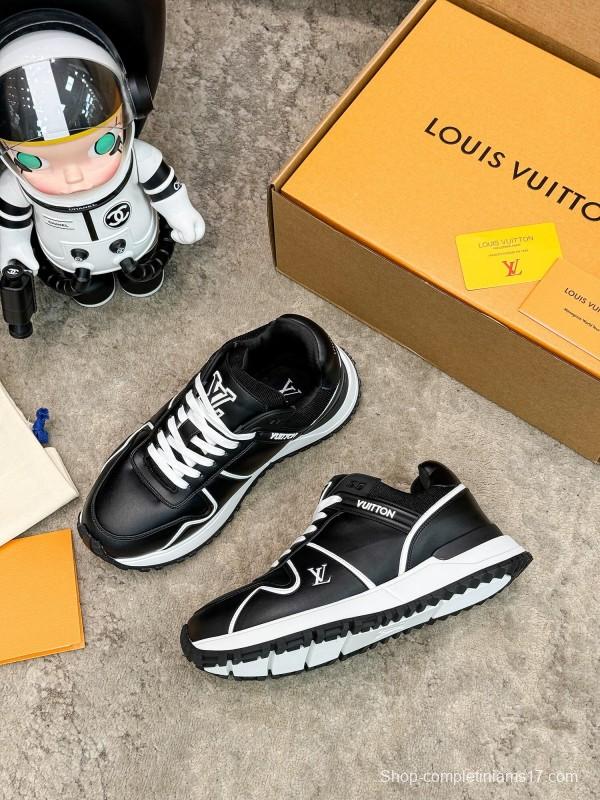 2025 Unisex Louis Vuitton Black White Leather Sneakers Run Away Maxi AS00390