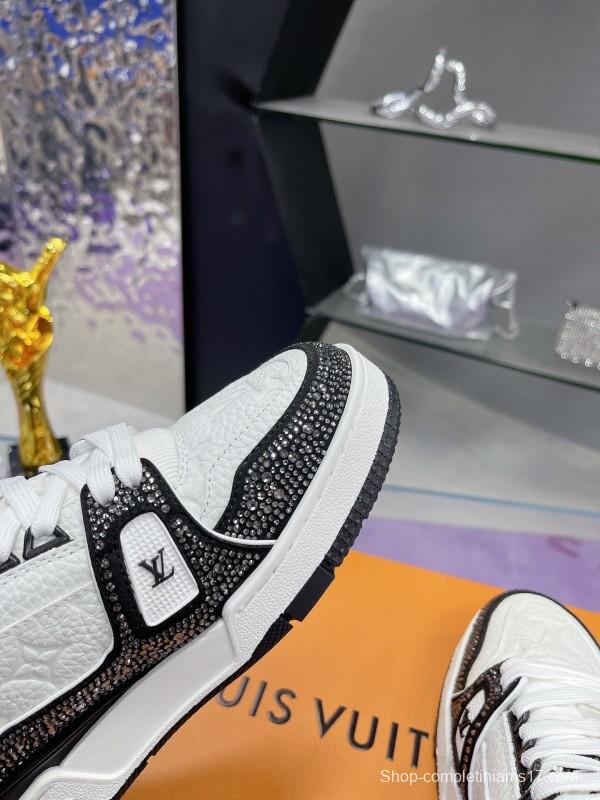 2025 Unisex Louis Vuitton White Black Leather Fabric Plimsolls Handcrafted Rhinestones AS00400