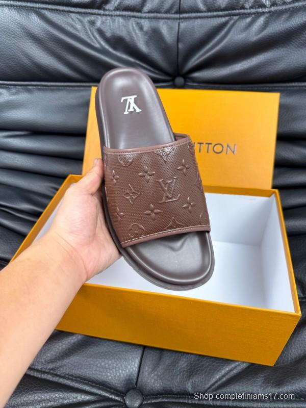 2025 Men Louis Vuitton Brown Leather Slippers AS00170