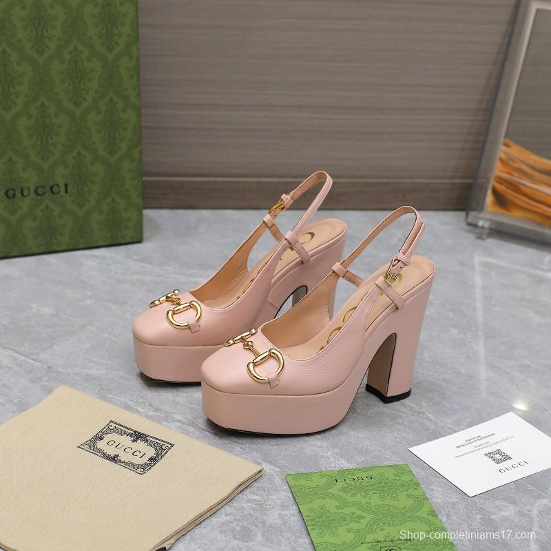 2025 Women Gucci Pink Leather Platform High Heels KFY00320