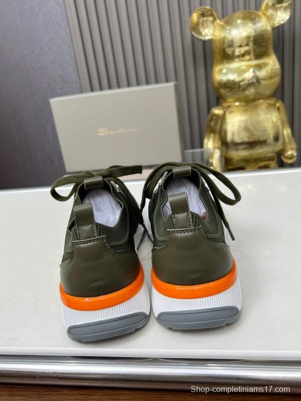 2025 Unisex Santoni Military Green Orange Wool Blend Knit Sneakers AS00320