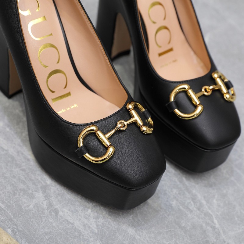 2025 Women Gucci Black Sheep Leather Platform Pumps KFY00320