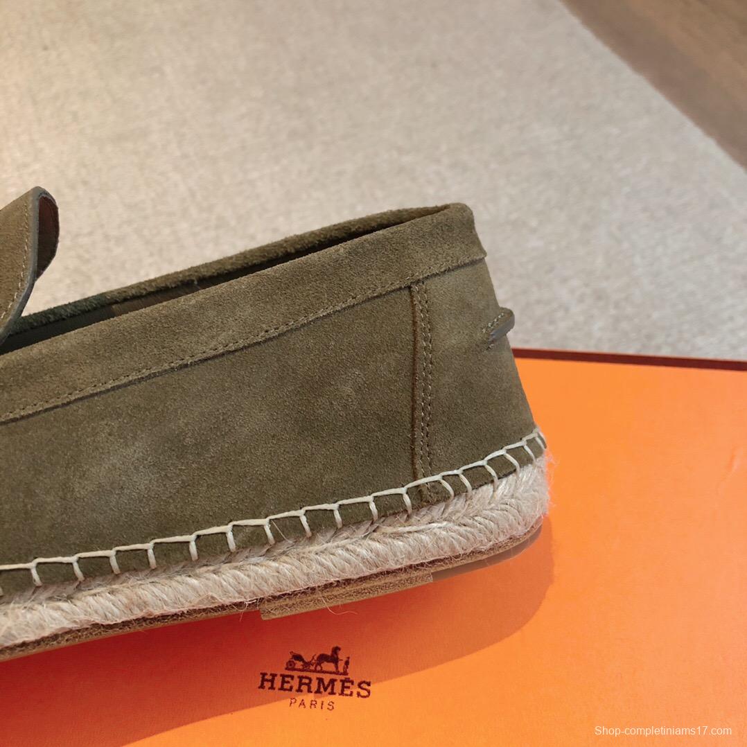 2025 Unisex Hermès Olive Suede Calfskin Loafers AS00380