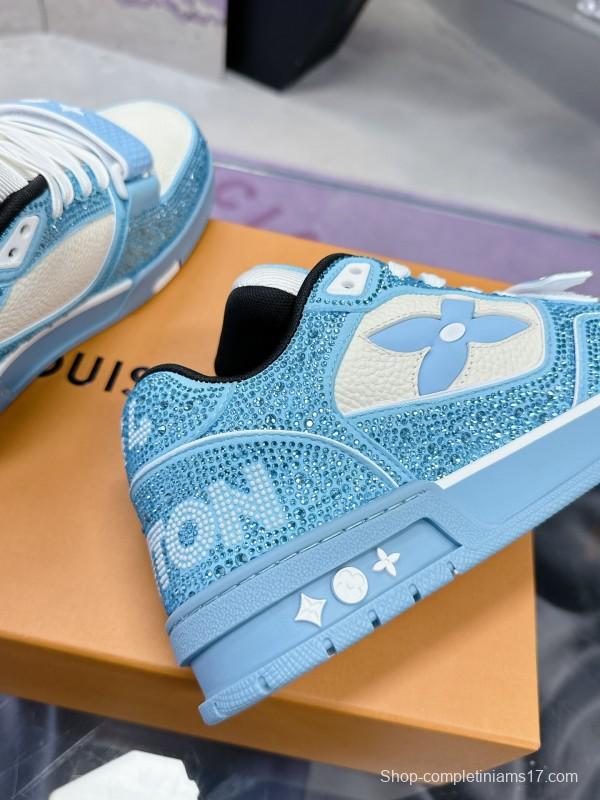 2025 Unisex Louis Vuitton Blue White Leather Denim Plimsolls Beaded LV Trainer AS00400