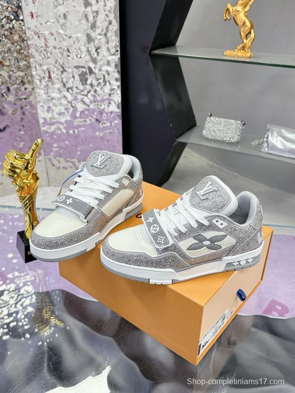 2025 Unisex Louis Vuitton Silver Grey White Leather Fabric Plimsolls Hand-Crafted Crystal AS00400