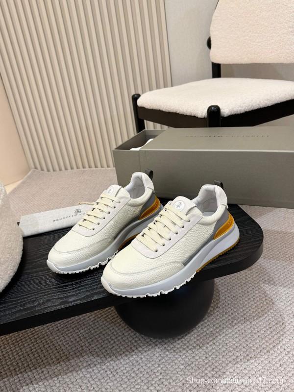 2025 Men Brunello Cucinelli Black Ivory Blue Almond Calfskin Leather Sneakers AS00320