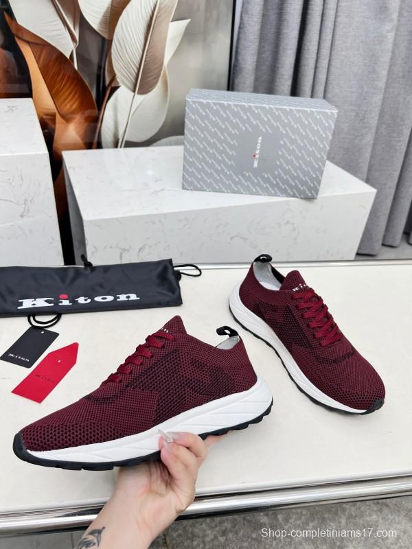 2025 Unisex Kiton Burgundy Knit Casual Sneakers Lightweight Rubber Sole AS00320
