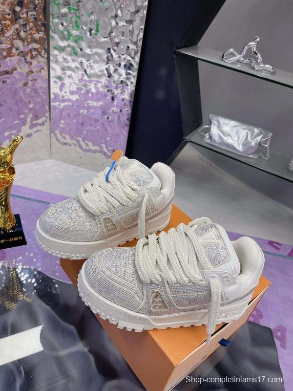 2025 Unisex Louis Vuitton White Crystal Leather Plimsolls Bing Bing AS00420