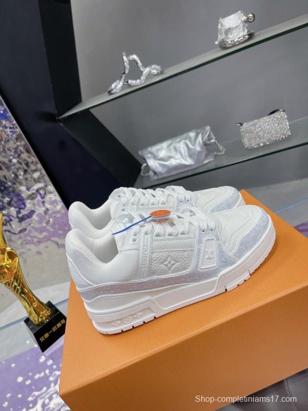 2025 Unisex Louis Vuitton White Leather Denim Trainers With Beads AS00400