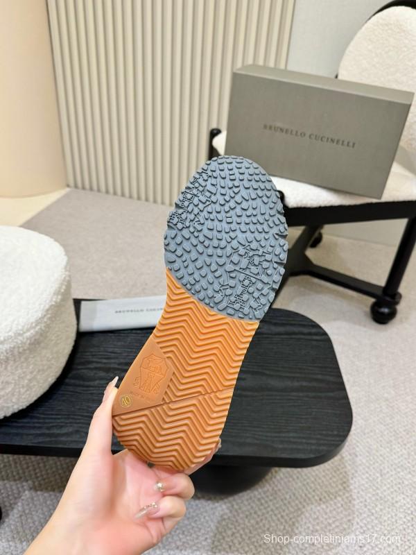 2025 Unisex Brunello Cucinelli Beige Brown Red Calfskin Mesh Sneakers AS00320