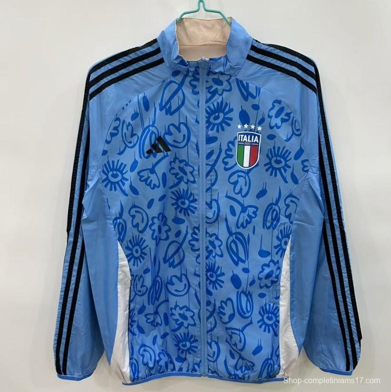 2025 Italy Light Blue/Beige with Floral Pattern Reversible Windbreaker