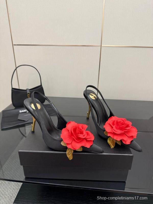 Saint Laurent 2025 SS Rose Thorn High Heels with Sculptural Gold Heel - KFY00320