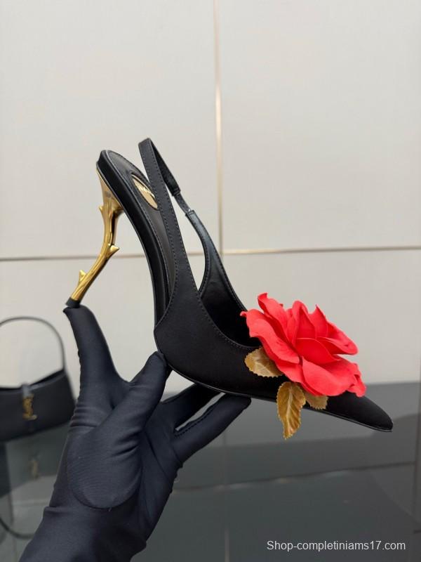 Saint Laurent 2025 SS Rose Thorn High Heels with Sculptural Gold Heel - KFY00320