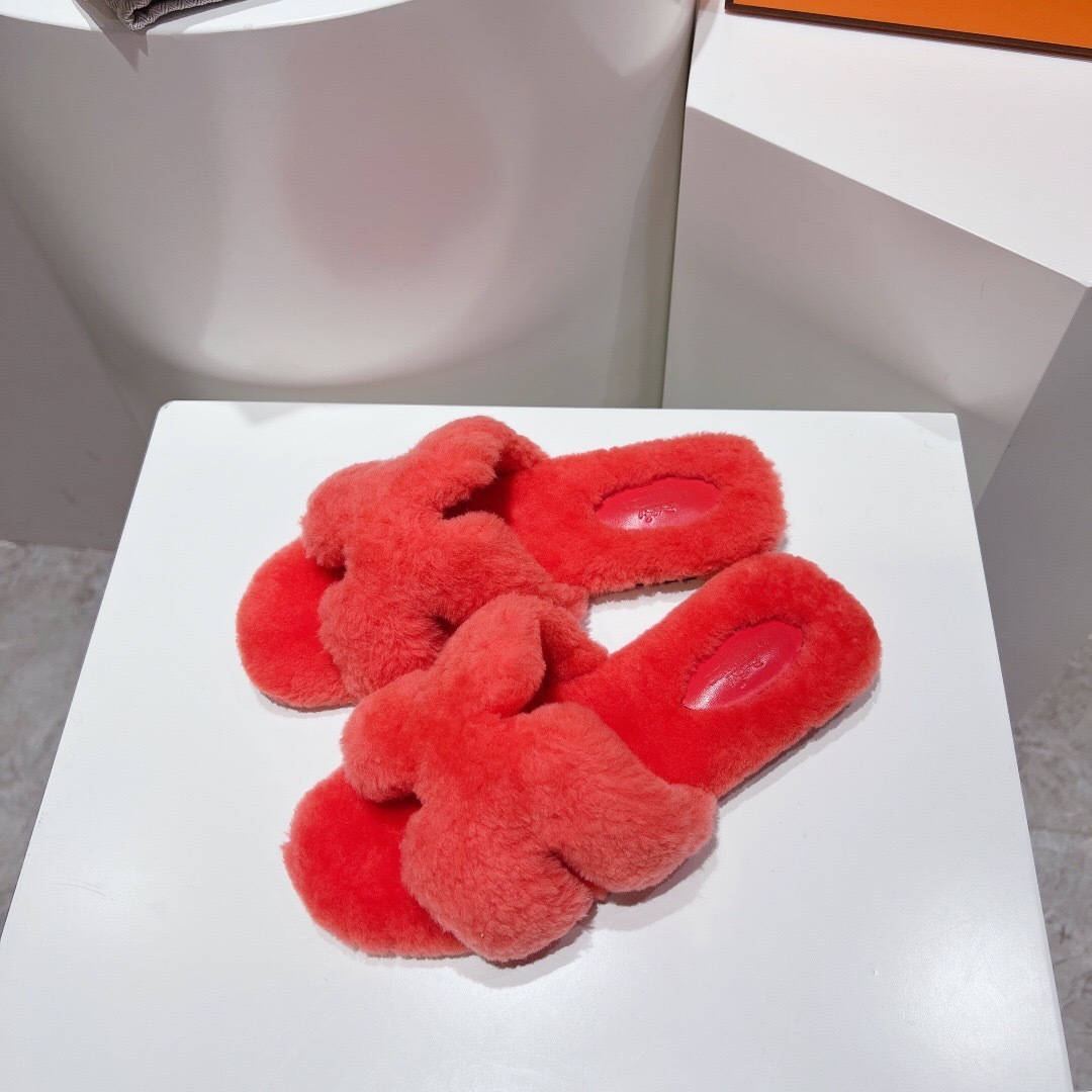 Hermès Teddy Wool H Slippers Flat Sole Fur Slides - LY00240
