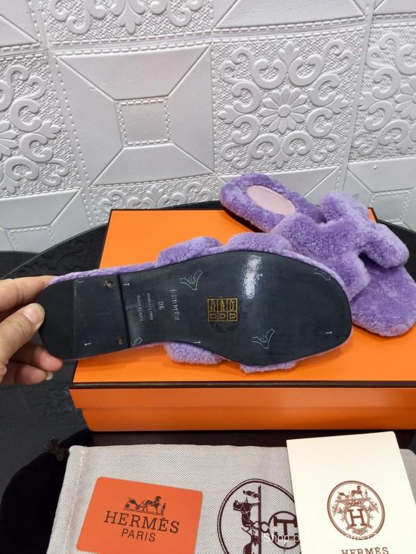 H Eiderdown Teddy Wool H Slippers Flat Sole Fur Slides - LY00240