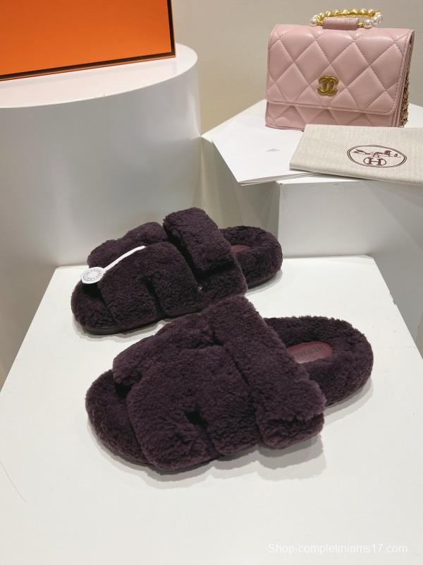 H Love Erjiu Full Wool Slippers with Slightly Curled Fur - LY00270
