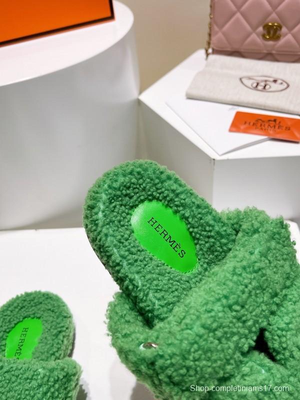 H Full Straight Fur Slippers with Grain Fur - LY00300