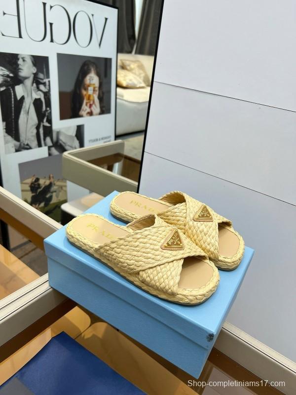Prada Raffia Handwoven Cross Sandals 2025SS - KFY00260