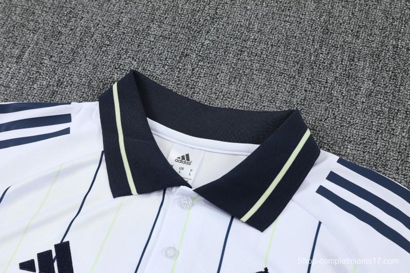 26/27   Real Madrid White Stripes Polo Training Shirt + Long Pants Tracksuit