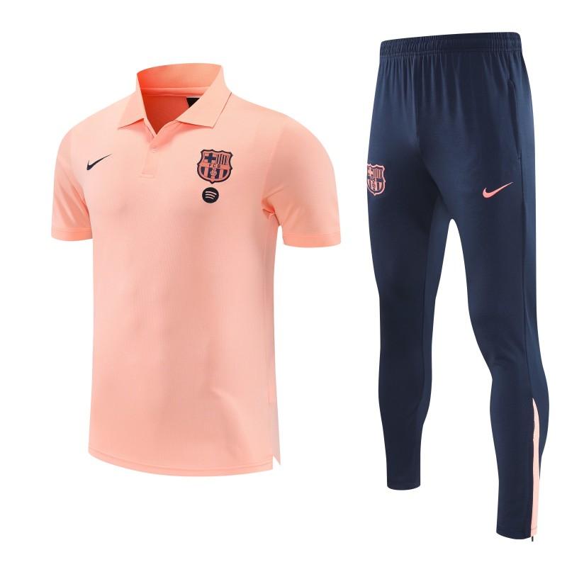 26/27  Barcelona Salmon Pink  Polo Training Shirt + Navy Blue Long Pants Tracksuit