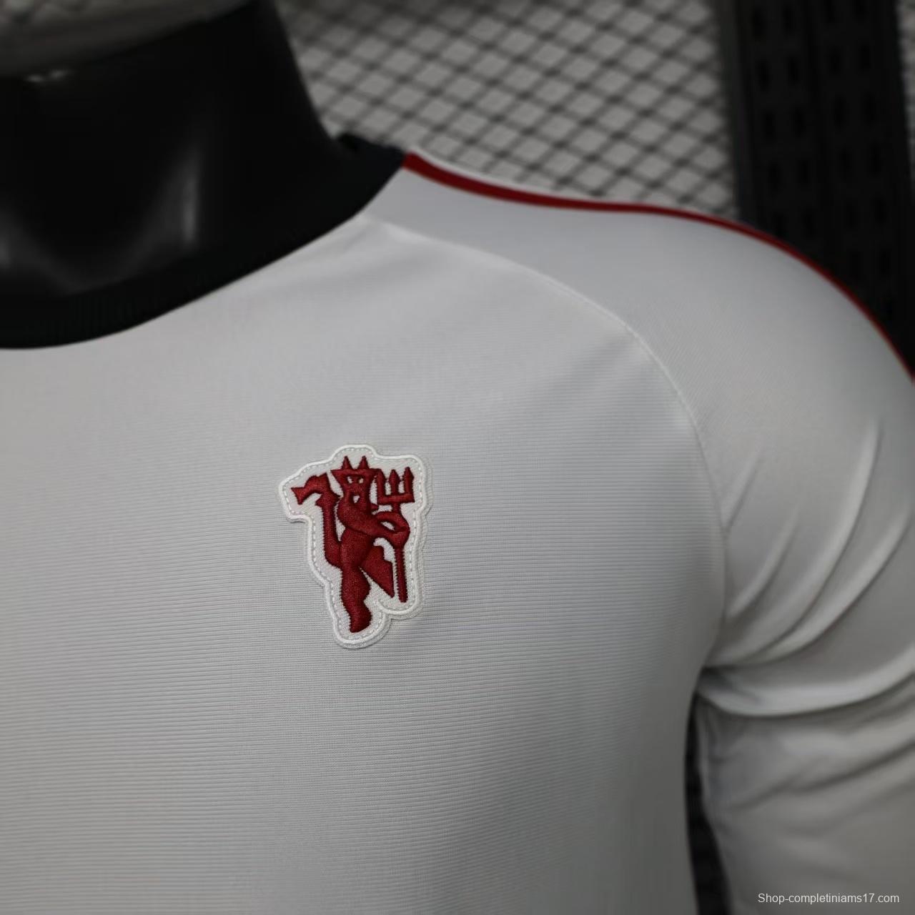 Player Version 2026 Manchester United Away White with  Red Shoulder Stripe Long Sleeve Jersey